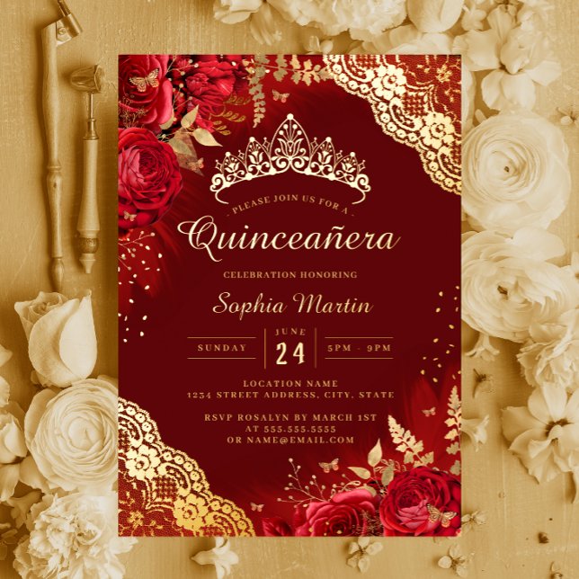 Gold Red Floral Lace Quinceanera Folieneinladung (Von Creator hochgeladen)