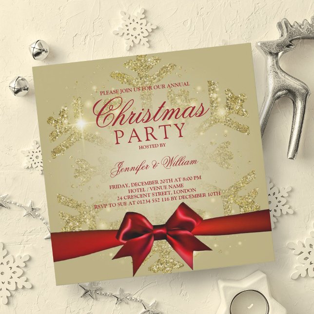 Gold Red Glitter & Ribbon | Xmas Holiday Party Einladung (Gold Red Glitter & Ribbon | Xmas Holiday Party Invitation)