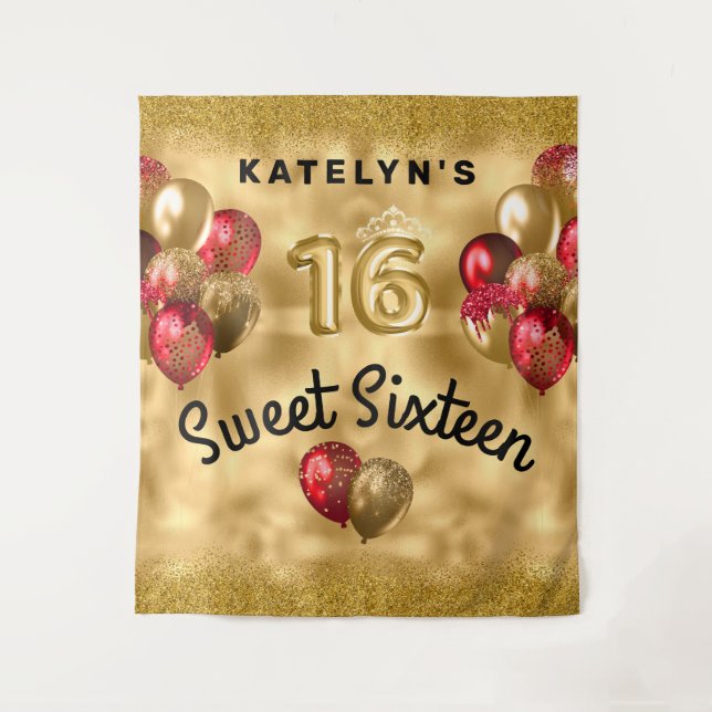 Gold Red Glitzer Balloons Sweet 16 Wandteppich (Vorderseite)