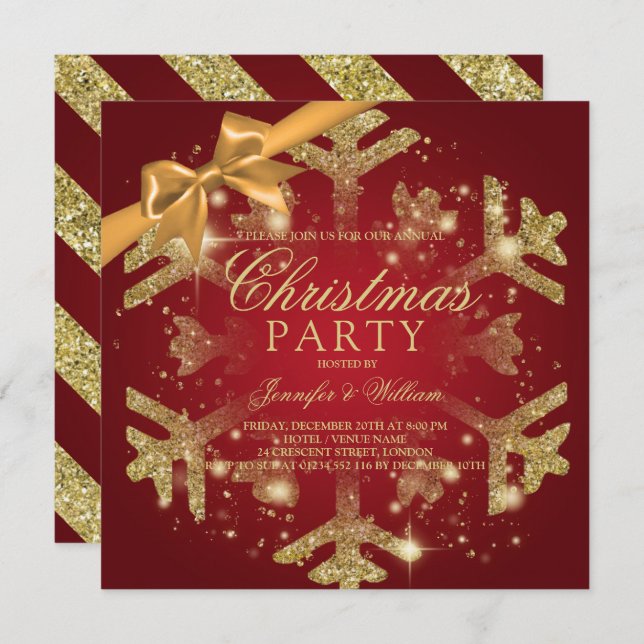 Gold Red Glitzer & Ribbon | Weihnachtsfeier Einladung (Vorne/Hinten)