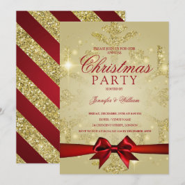 Gold & Red Glitzer Snowflake & Ribbon Xmas Party Einladung