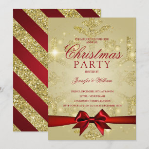 Gold & Red Glitzer Snowflake & Ribbon Xmas Party Einladung