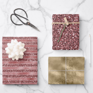 Gold Red Glitzy Glitzer Stripes Geschenkpapier Set