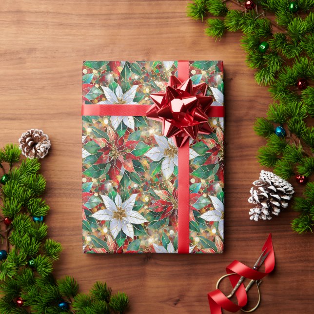 Gold Red Green White Poinsettia Geschenkpapier (Feiertagsgeschenk)