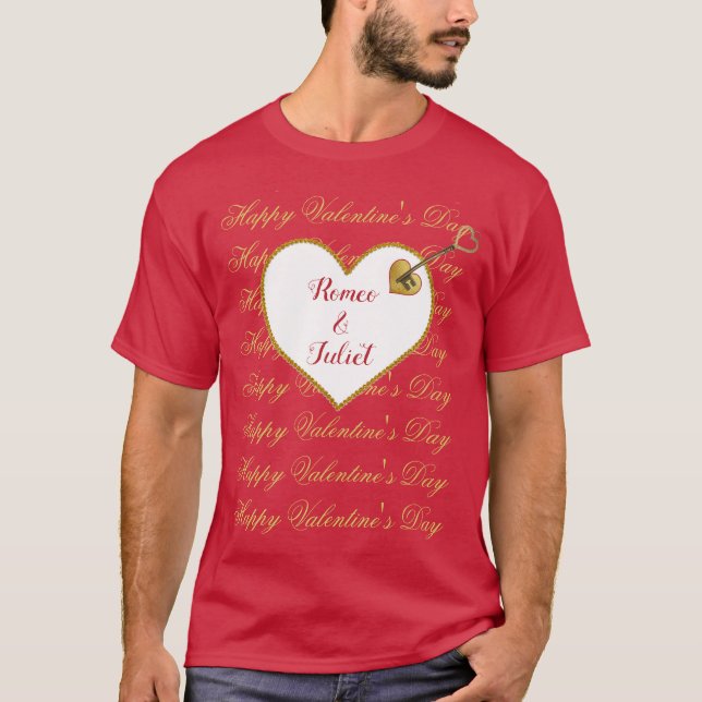 Gold Red Heart Romance Niedlich Moderner Valentins T-Shirt (Vorderseite)