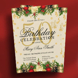 Gold & Red Holiday Glitzer Glam 50. Geburtstag Inv Einladung