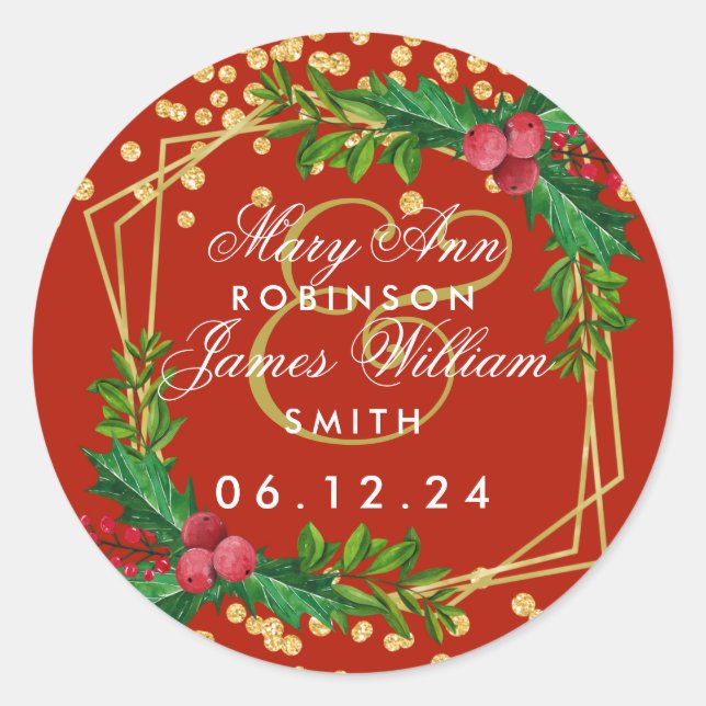 Gold Red Holiday Save the Date Wedding Holly Runder Aufkleber (Vorderseite)