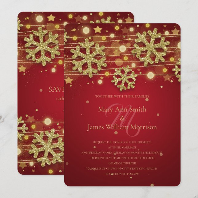 Gold & Red Holiday Wedding retten das Datum Einladung (Vorne/Hinten)