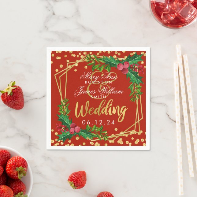 Gold Red Holiday Weihnachtsfeier Holly Serviette (Beispiel)