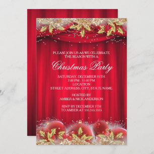 Gold Red Holly Baubles Invitation de la fête de No