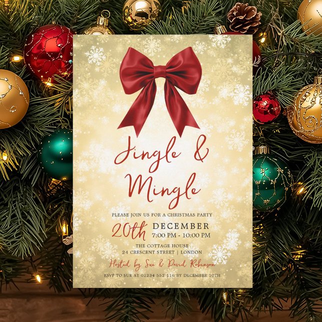 Gold Red Jingle Mingle Christmas Party Bow & Snow  Einladung (Gold Red Jingle Mingle Christmas Party Bow & Snow Invitation)