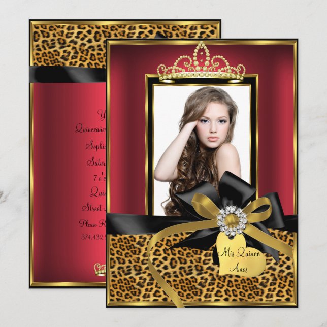 Gold Red Leopard Print & Bow Foto Quinceanera Einladung (Vorne/Hinten)