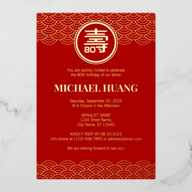 Gold Red Longevity Birthday Foil Invitation (FS) Folieneinladung (Vorderseite)