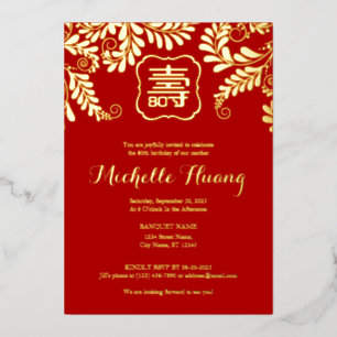 Gold Red Longevity Invitation à l'huile d'annivers