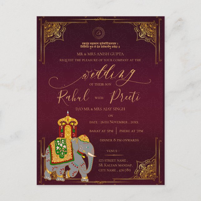 Gold Red Lord Ganesh Indian Wedding Einladung Postkarte (Vorderseite)