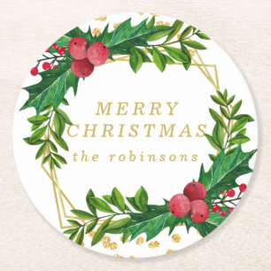 Gold Red Merry Christmas Party Holly Glitzer Runder Pappuntersetzer