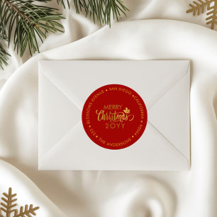 Gold & Red Merry Weihnachten Custom Rücksendeadres Runder Aufkleber