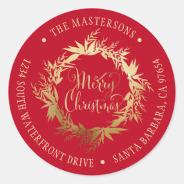 Gold Red Merry Weihnachtskranz Rücksendeadresse Runder Aufkleber