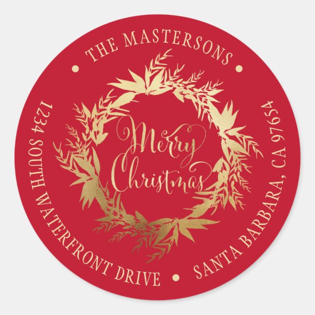 Gold Red Merry Weihnachtskranz Rücksendeadresse Runder Aufkleber (Vorderseite)