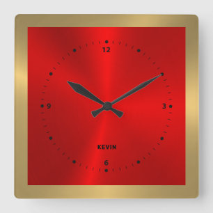 Gold & Red & Metallic Edelstahl-Platz Quadratische Wanduhr