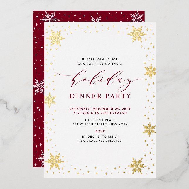 Gold & Red Modern Christmas Holiday Dinner Party Folieneinladung (Vorderseite/Rückseite)