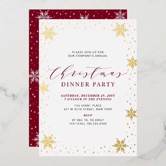 Gold & Red Modern Christmas Holiday Dinner Party Folieneinladung (Vorderseite/Rückseite)