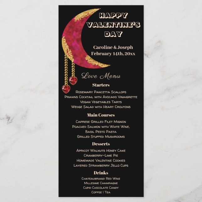 Gold Red Moon Heart Jewels Valentine's Day Menu Menükarte (Vorderseite)