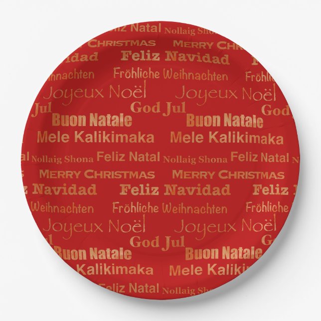 Gold Red Multi Language Frohe Weihnachten Pappteller (Vorderseite)
