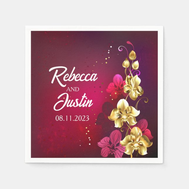 Gold Red Orchids Floral Modern Boho Serviette (Vorderseite)
