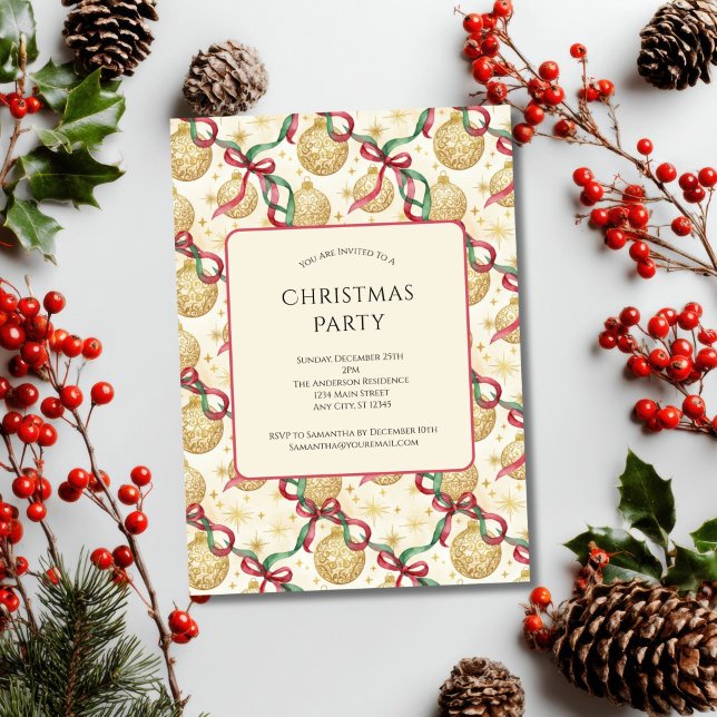 Gold Red Ornaments Bows Holiday Weihnachten Party Einladung (Gold Red Green Ornaments Bows Coquette Christmas Party Invitation. Printed or Digital Download)