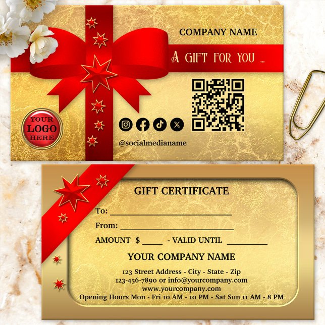 Gold Red Ribbon Weihnachtskarte Rabattkarte (A festive Christmas Holiday gift certificate featuring a red ribbon on a gold veined background)