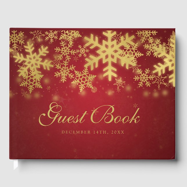 Gold & Red Snowflakes Weihnachts Party Gästebuch (Vorderseite)