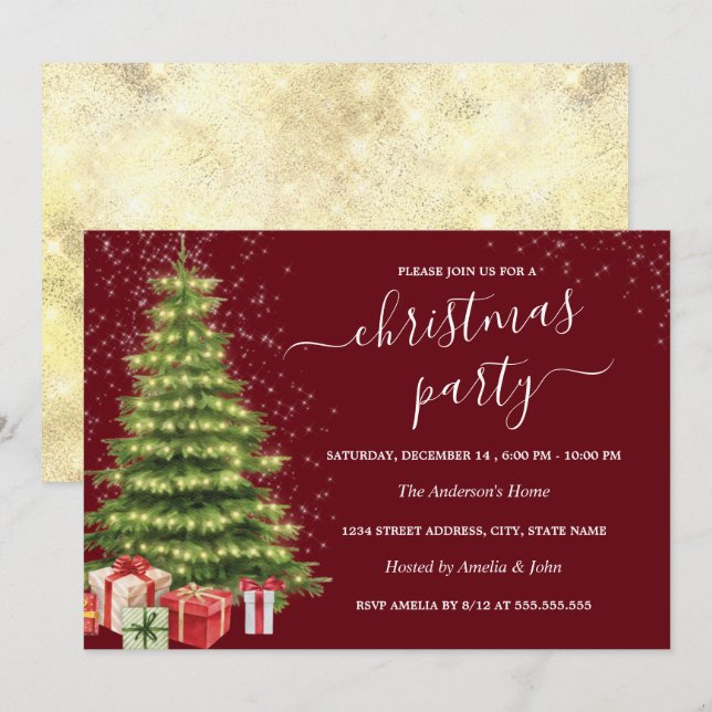 Gold Red Sparkle Tree Lights Weihnachtsfest Party Einladung (Vorne/Hinten)