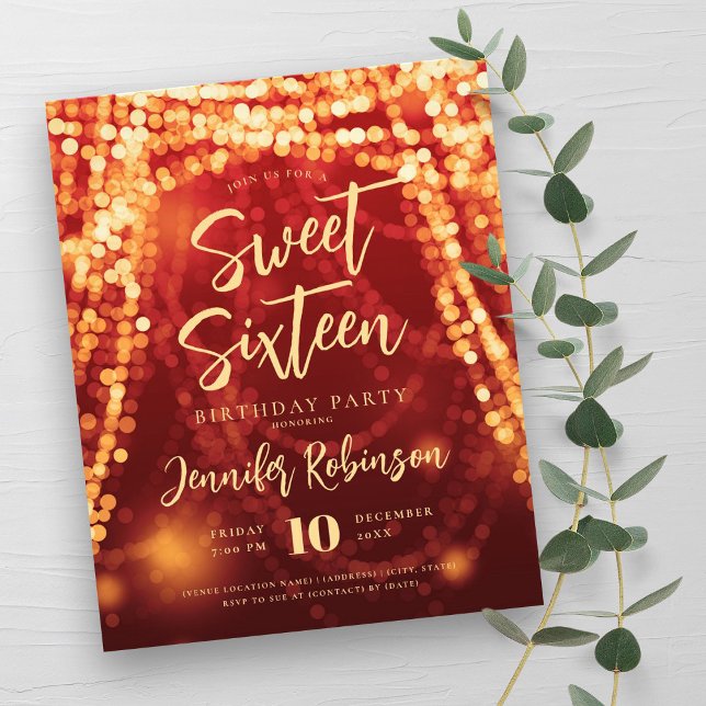 Gold Red String Lights Sweet 16 Einladen Flyer (Budget Gold Red String Lights Sweet 16 Invite Flyer)