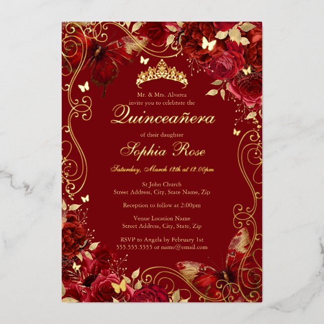 Gold Red Vintag Butterfly Floral Quinceanera Folieneinladung (Vorderseite)