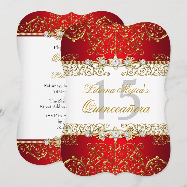 Gold Red Vintag Glamour Quinceanera Einladung (Vorne/Hinten)