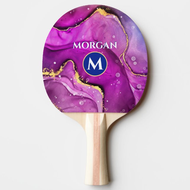 Gold & Red Violet Liquid Tinte, Monogramm und Name Tischtennis Schläger (Rückseite)