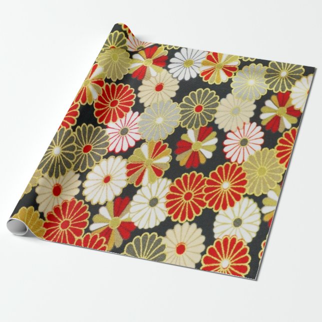 Gold Red White Japanisch Kimono Floral Decoupage Geschenkpapier (Ungerollt)