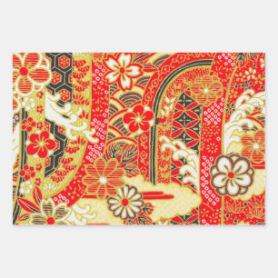 Gold Red White Japanisch Kimono Floral Decoupage Geschenkpapier Set