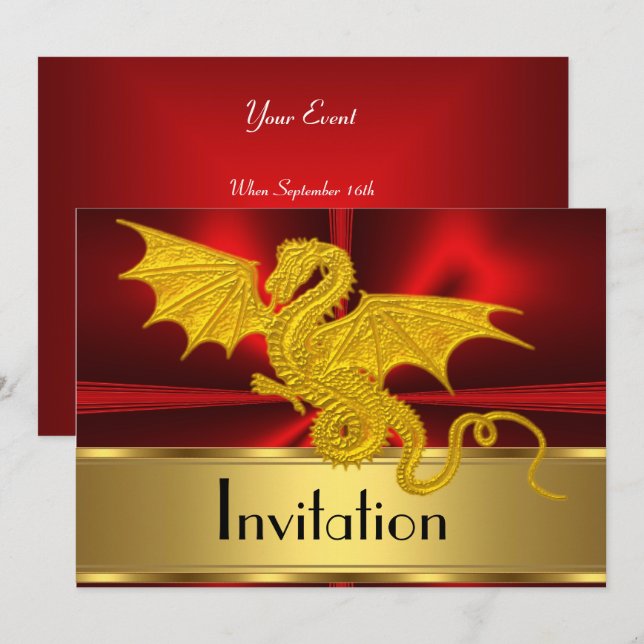 Gold Red Year of the Dragon Invitation Einladung (Vorne/Hinten)