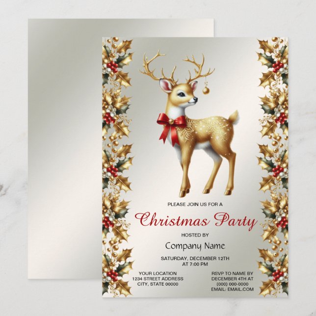 Gold Reindeer Christmas Party Invitation (Devant / Derrière)
