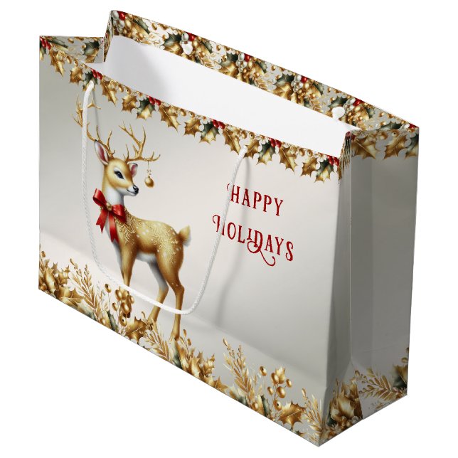 Gold Rentier Holiday-Geschenktasche Große Geschenktüte (Vorderseite Schrägansicht)