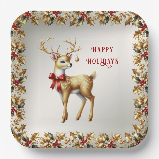 Gold Rentier Holiday Paper Plate Pappteller (Vorderseite)