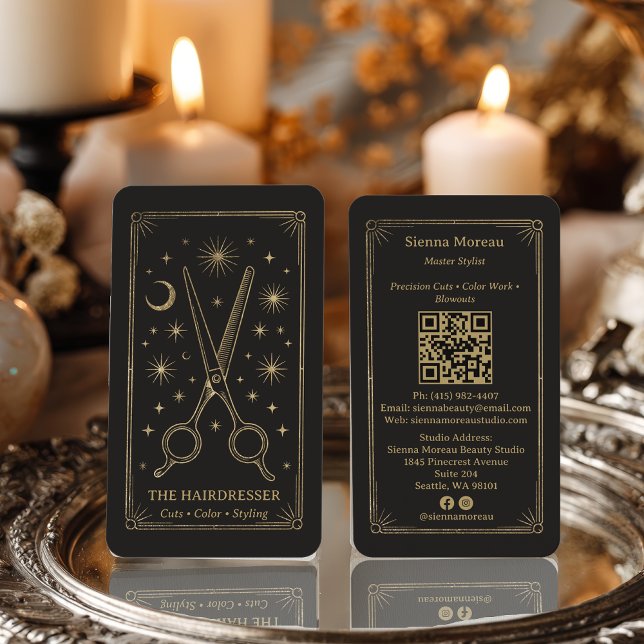 Gold Retro Celestial Tarot Hairdresser QR Code Visitenkarte (Gold Retro Celestial Tarot Hairdresser QR Code Business Card)