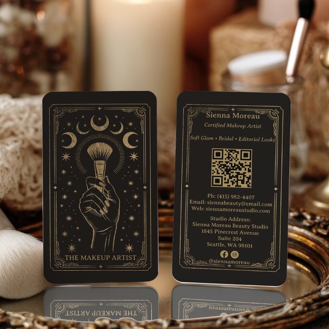 Gold Retro Celestial Tarot Makeup QR Code Visitenkarte (Gold Retro Celestial Tarot Makeup QR Code Business Card)