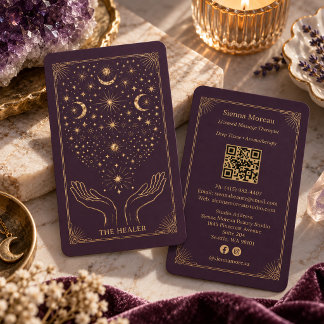 Gold Retro Celestial Tarot Massage Reiki QR Pflaum Visitenkarte