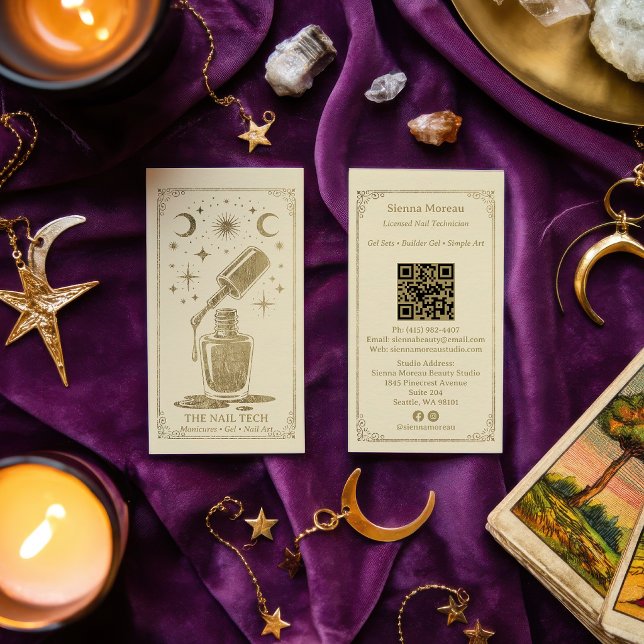 Gold Retro Celestial Tarot Nageldesigner QR Code Visitenkarte (Gold Retro Celestial Tarot Nail artist QR Code Business Card)