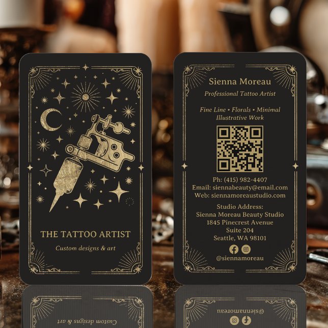 Gold Retro Celestial Tarot Tattoo artist QR Visitenkarte (Gold Retro Celestial Tarot Tattoo artist QR Business Card)
