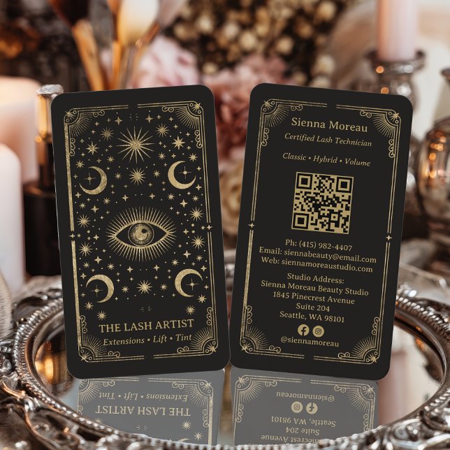 Gold Retro Celestial Tarot Wimpernstylist QR Code Visitenkarte (Gold Retro Celestial Tarot Lash Artist QR Code Business Card)