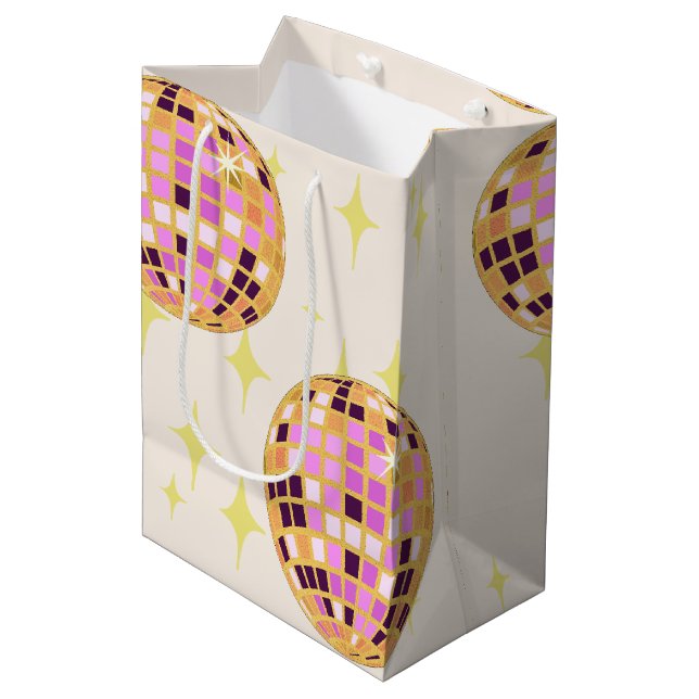 Gold Retro Diskothek Ball Beige Mittlere Geschenktüte (Vorderseite Schrägansicht)